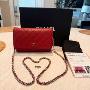 Chanel Classic Wallet On Chain Red Lambskin Leather with Silver Hardware WOC